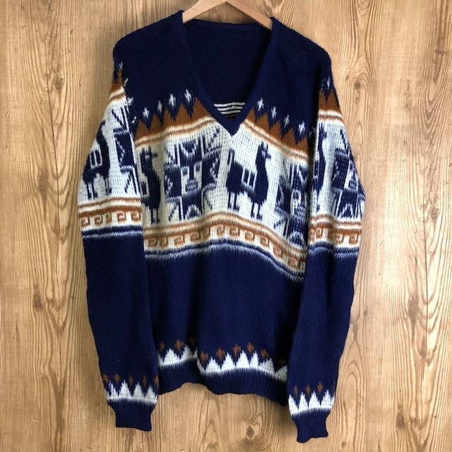 70s VINTAGE 民族調 Vネック ニット セーター モヘア メンズLサイズ位 70年代 ビンテージ ヴィンテージ アメカジ 古着 e24032819