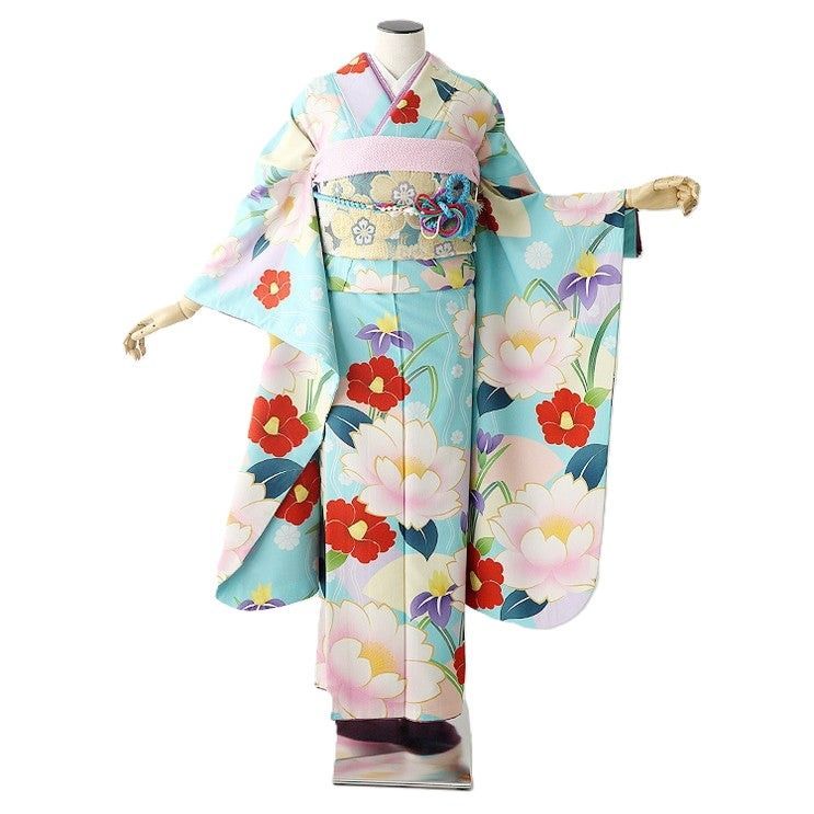 振袖 身長153-168cm 水色 レトロモダン ポリエステル 振袖 身長153