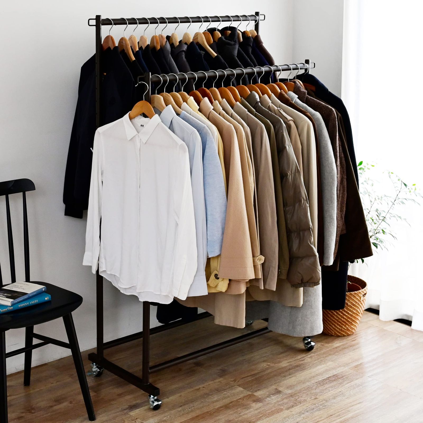 組立品 衣類収納 大容量 高荷重でも動かしやすい ダークブラウン 全体耐荷重80㎏ 幅91.5×奥行43×高さ109.5|114~169cm 5cmピッチ12段階 ダブル キャスター付き DDSH-W DBR 頑丈 ハンガーラック 山善 YAMAZE
