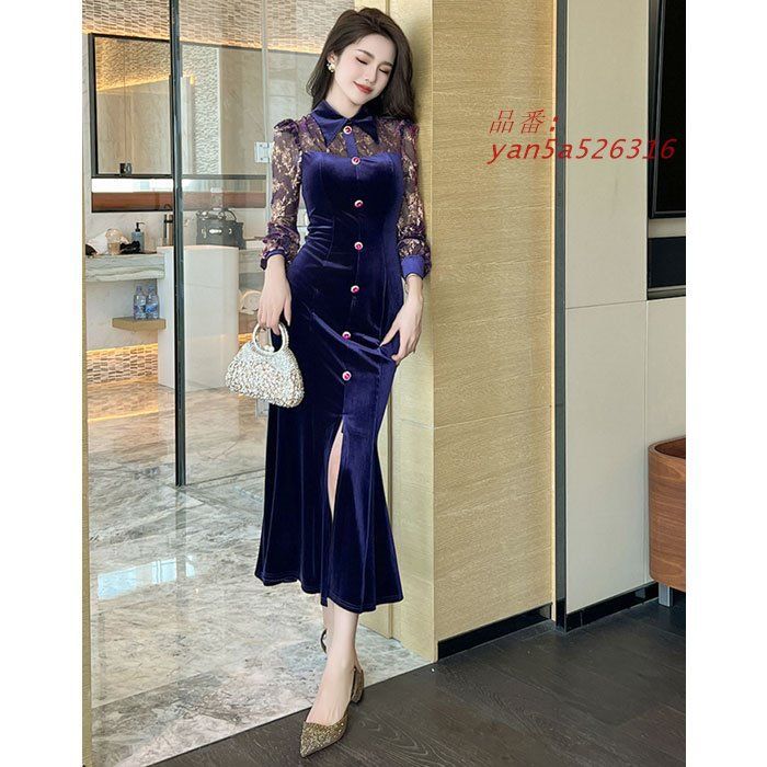 シースルー花柄長袖 深スリットベロア