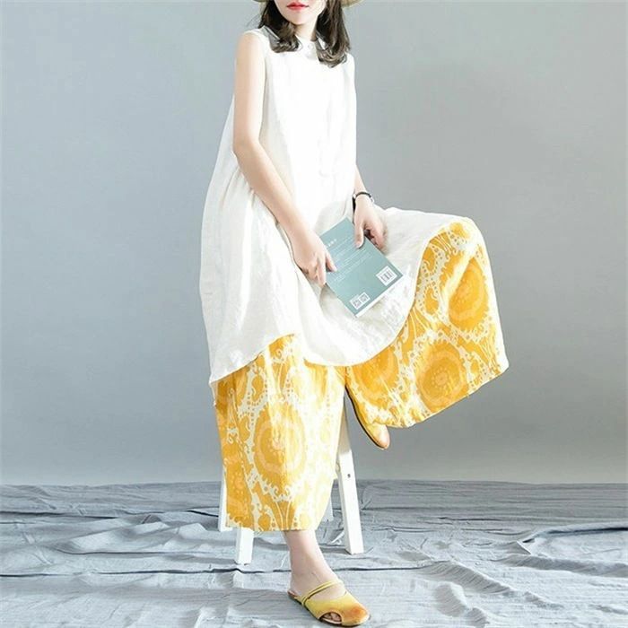 慈雨　jiu / 新品タグ付　麻混サルエルパンツ　春夏用 size40 ZANZEA Summer Casual Short Sleeve Blouse Harem Pants Sets