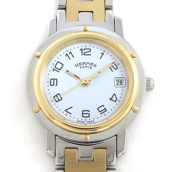 エルメス HERMES 腕時計 クリッパー CL4.220 デイト ホワイト文字盤 Hリンクブレス SS GP クオーツアナログ
