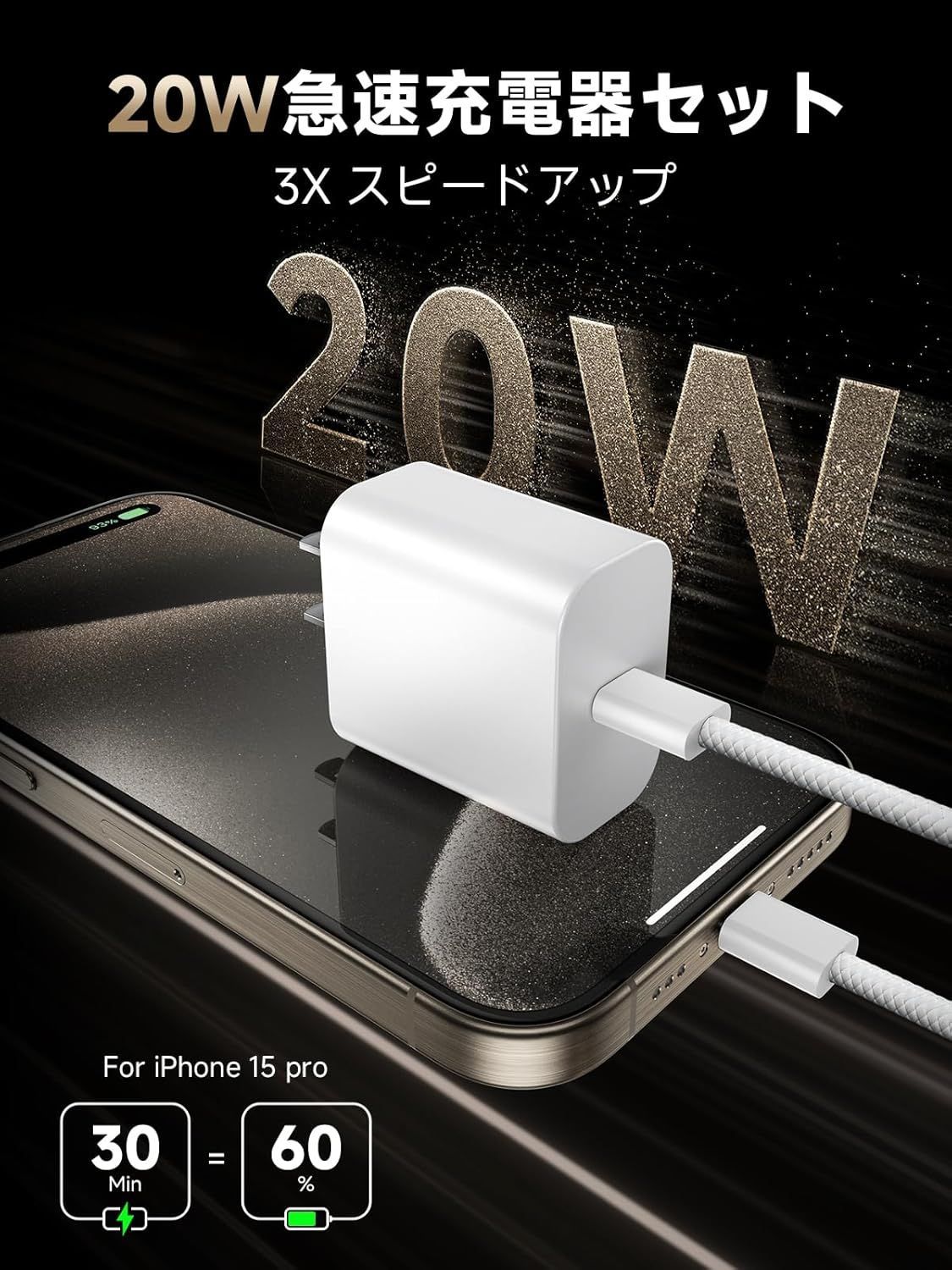 iPhone 15充電器 type-c 20W 「純正 編み込み式充電ケーブル1M付き」急速充電器 安全で低温 タイプc 充電器 GaN採用 usb c pd 充電器 スマホ 軽くてコンパクト アイフォン 最適な小型 携帯充電器 外出や旅行に  PSE認証済み