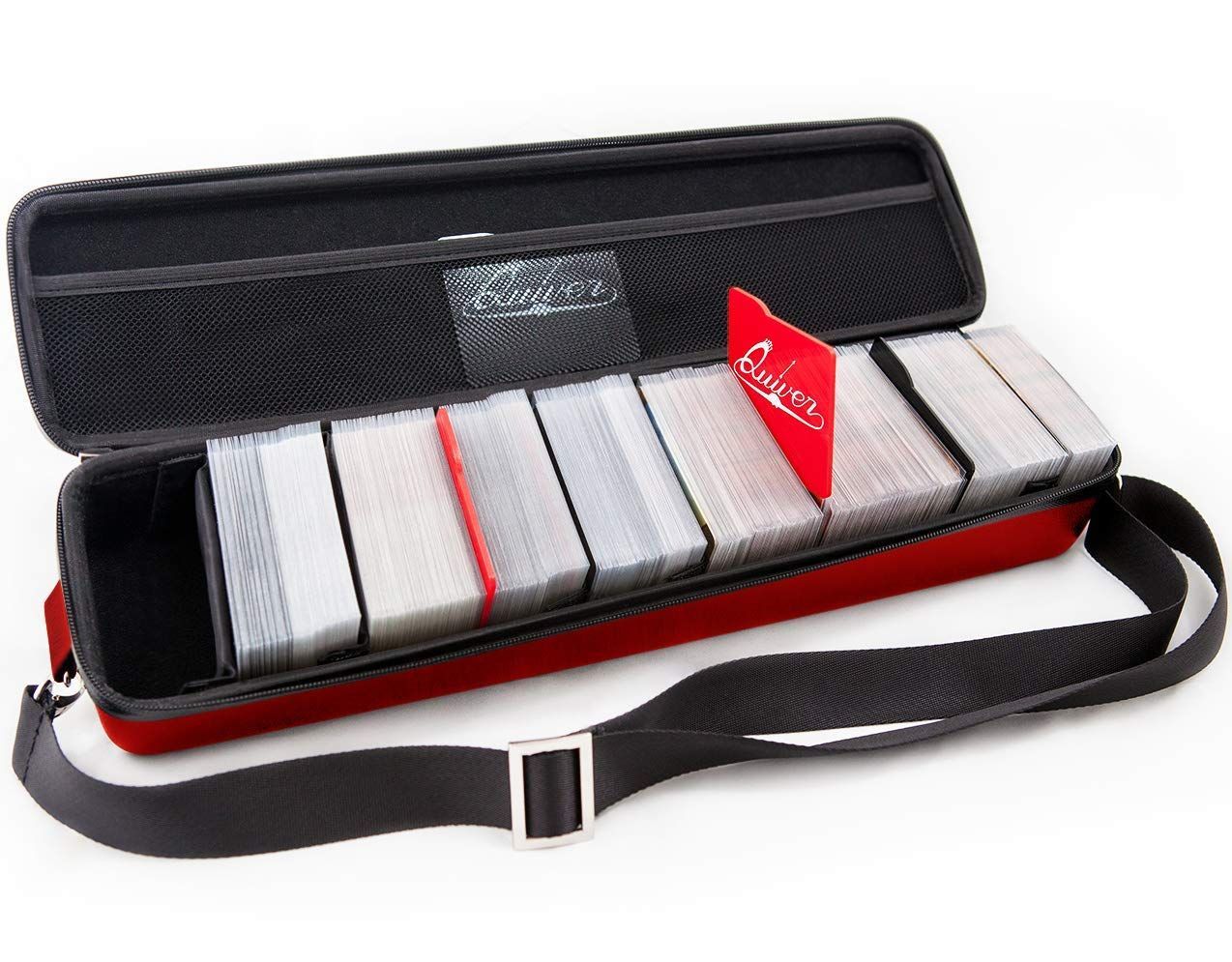 MTGデッキに最適 トレーディングカードとプレイングカード用の 収納ボックスケース - - レッドカードケース Time ストラップ ディバイダー およびApolloカードスリーブ100枚付き Quiver