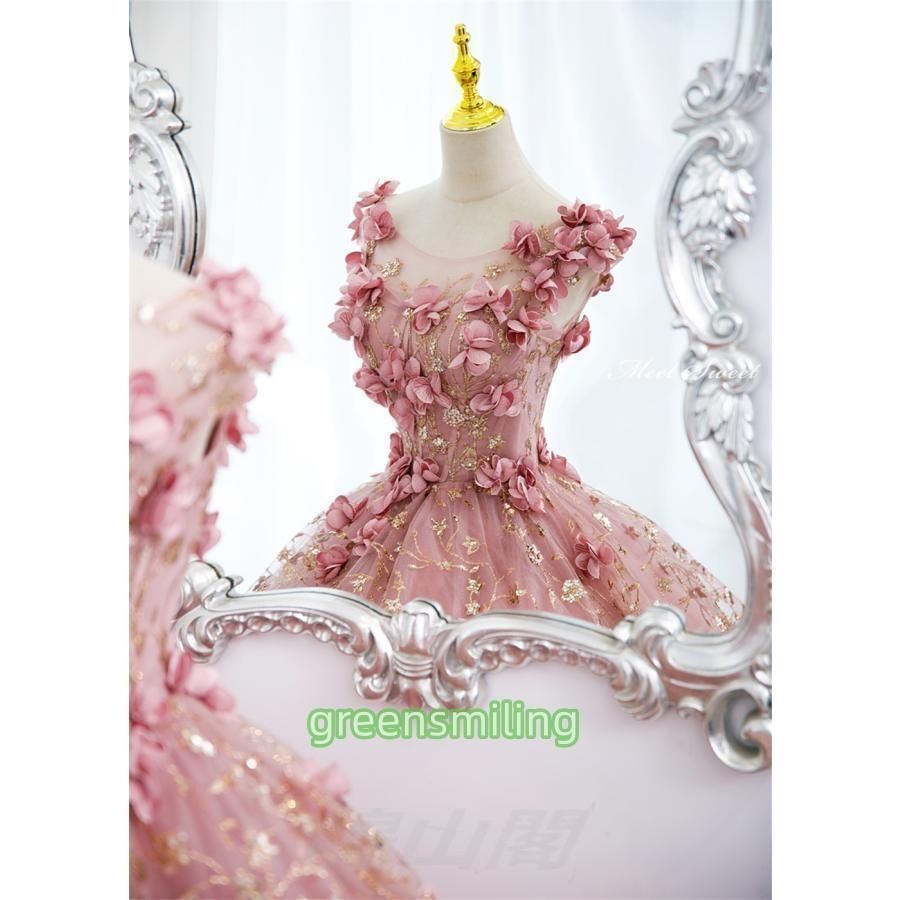 受容的な ドレス 編み上げ ピンク フラワー ステージドレス ロングドレス 結婚式 二次会 発表会 演奏会 ウェディングドレス ウエディングドレWP数量 価格926