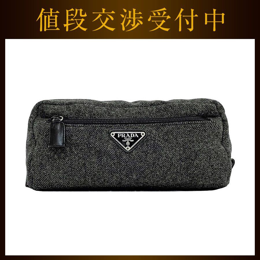 プラダ ポーチ グレー テスート 美品 小物入れ ツイード ウール 