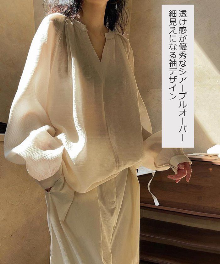 ブラウス レディース 羽織 ロング丈 ルーズフィット チュニック 重ね着 ゆったり シアートップス 体型カバー トップス レイヤード 軽量 プルオーバー バルーン袖 透け感 アウター 長袖 バンド 涼しいcsm