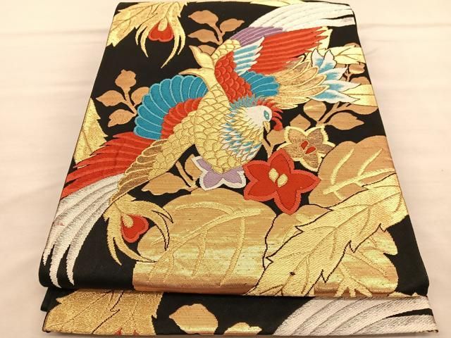 袋帯 銀通し 金彩 手描き 鳳凰 鳥 桐 正絹 六通 Q1166 袋帯 美しい華柄模様 鳳凰 煌びやかな金銀彩 フォーマル O-4169
