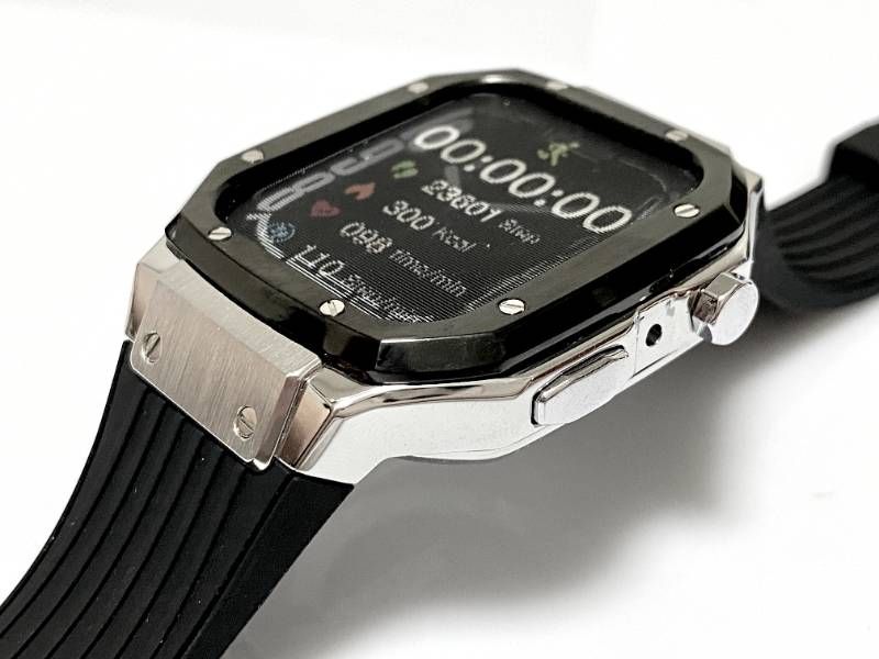 ブラックシルバー ２トーン ４５mm ４４mm SE 1|2|3 series4|5|6|7|8 Apple Watch ラバーアップルウォッチバンド カバーメタリックケースキラキラ ベルト カスタム スタンダードバックル