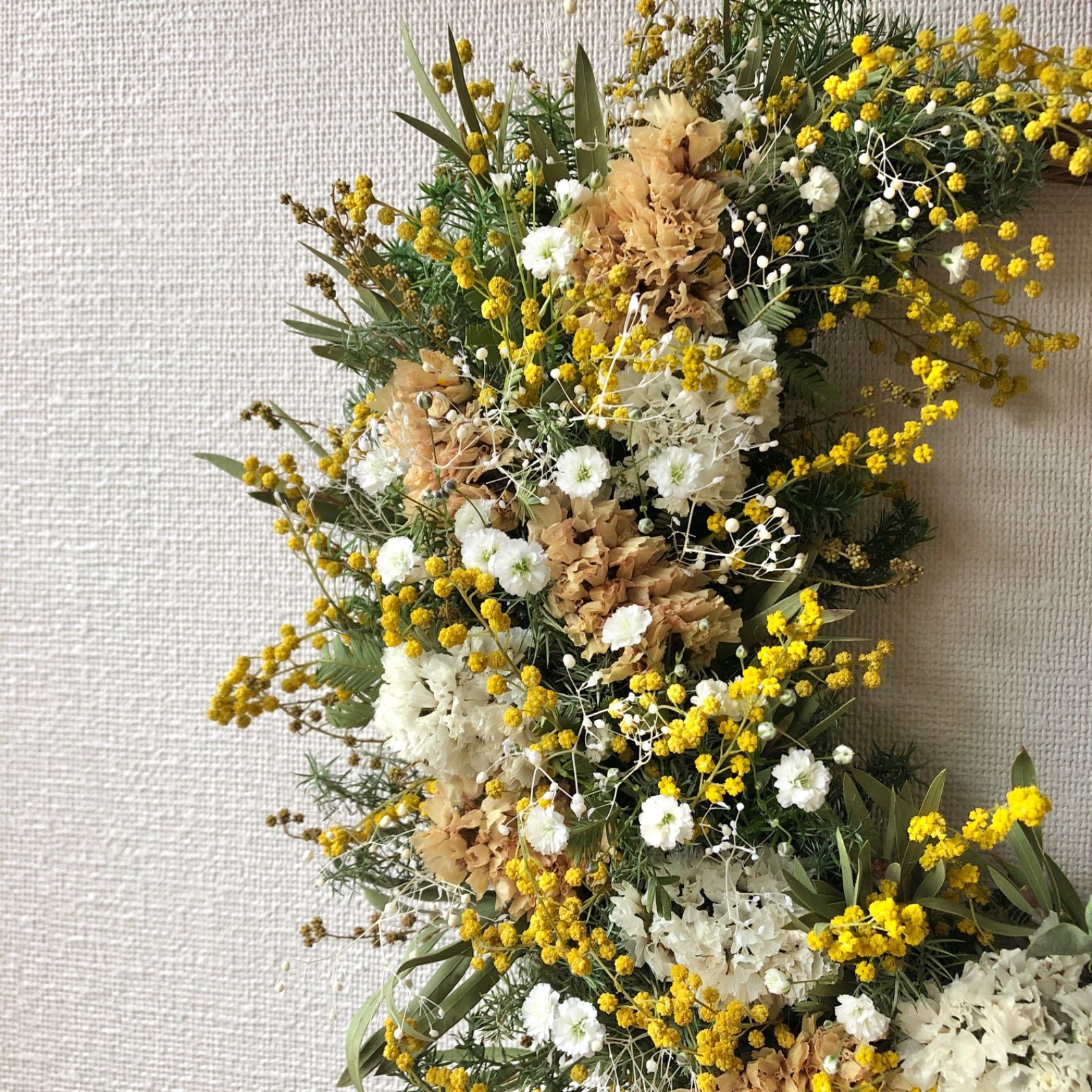 Natural＊ころころミモザとかすみ草のリース☆ミモザリース☆ドライ