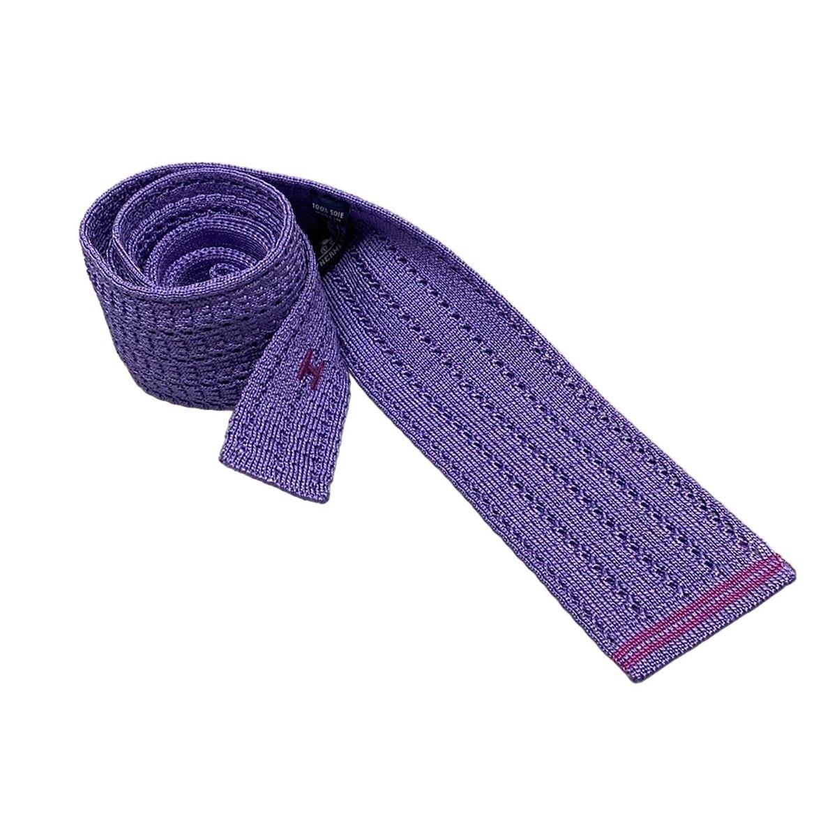 エルメス ネクタイ 紫 無地 H柄 ニットタイ ウール ニットネクタイ