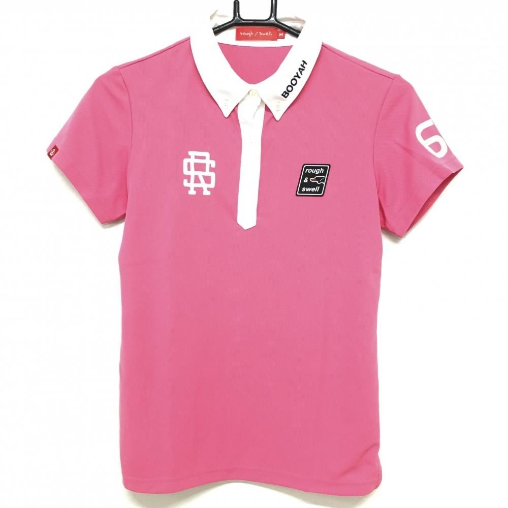 【超美品】ラフアンドスウェル 半袖ポロシャツ ピンク×白 バックロゴ ボタンダウン レディース M ゴルフウェア rough＆swell