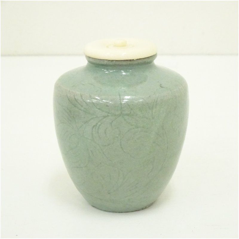 池順鐸造 高麗青磁草花紋茶入（仕覆付）（共箱）□z 茶入れ 茶道