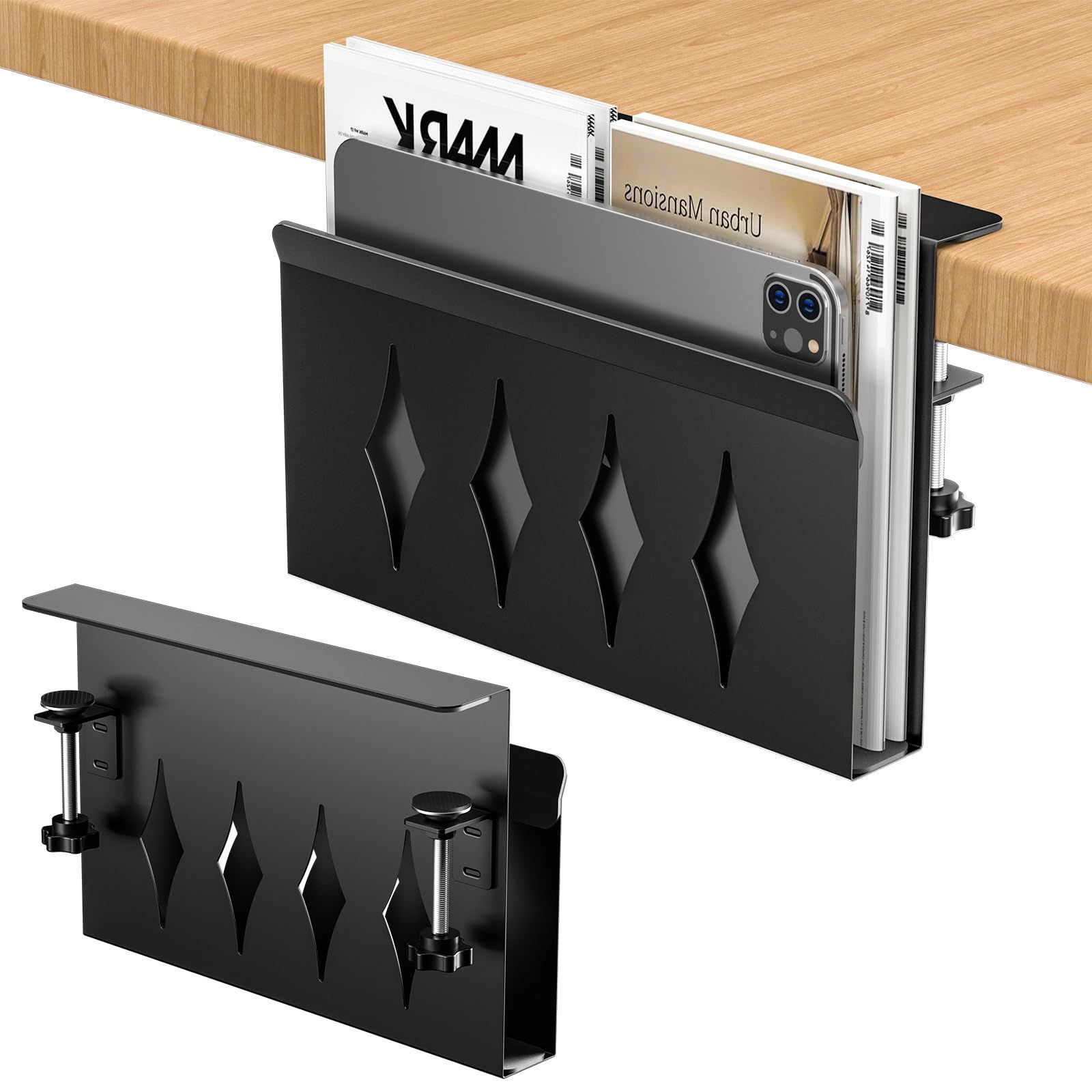 【人気商品】ブラック 省スペース 取付簡単 机の下 クランプ式 縦置き デスク周り タブレット収納 収納 pcスタンド テーブルサイドポケット 収納ラック デスクサイド GAGUIUP