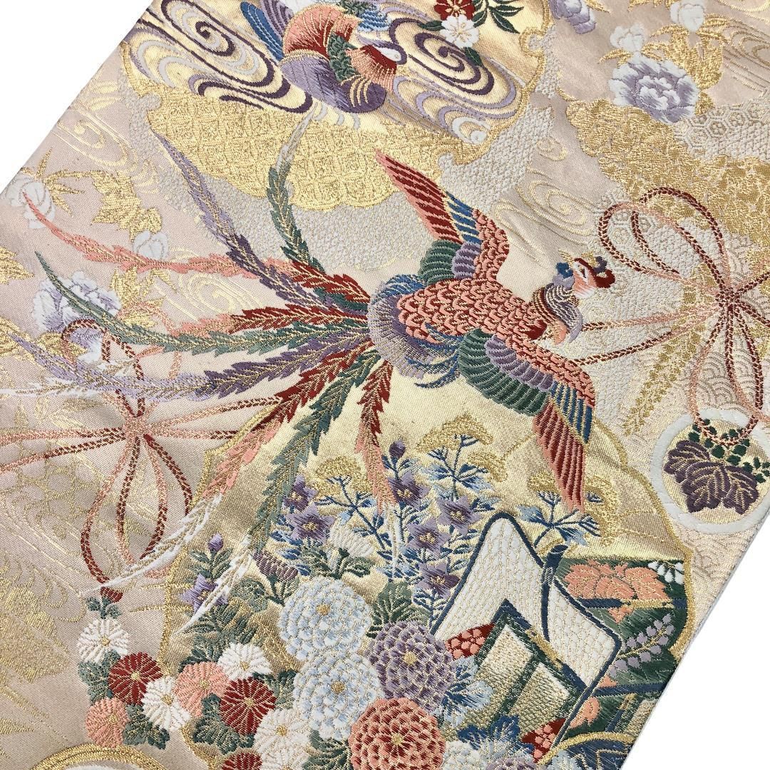 袋帯 鳳凰華飾文 本金箔九百錦 雪輪に鴛鴦 砥粉色 金糸 O-5429