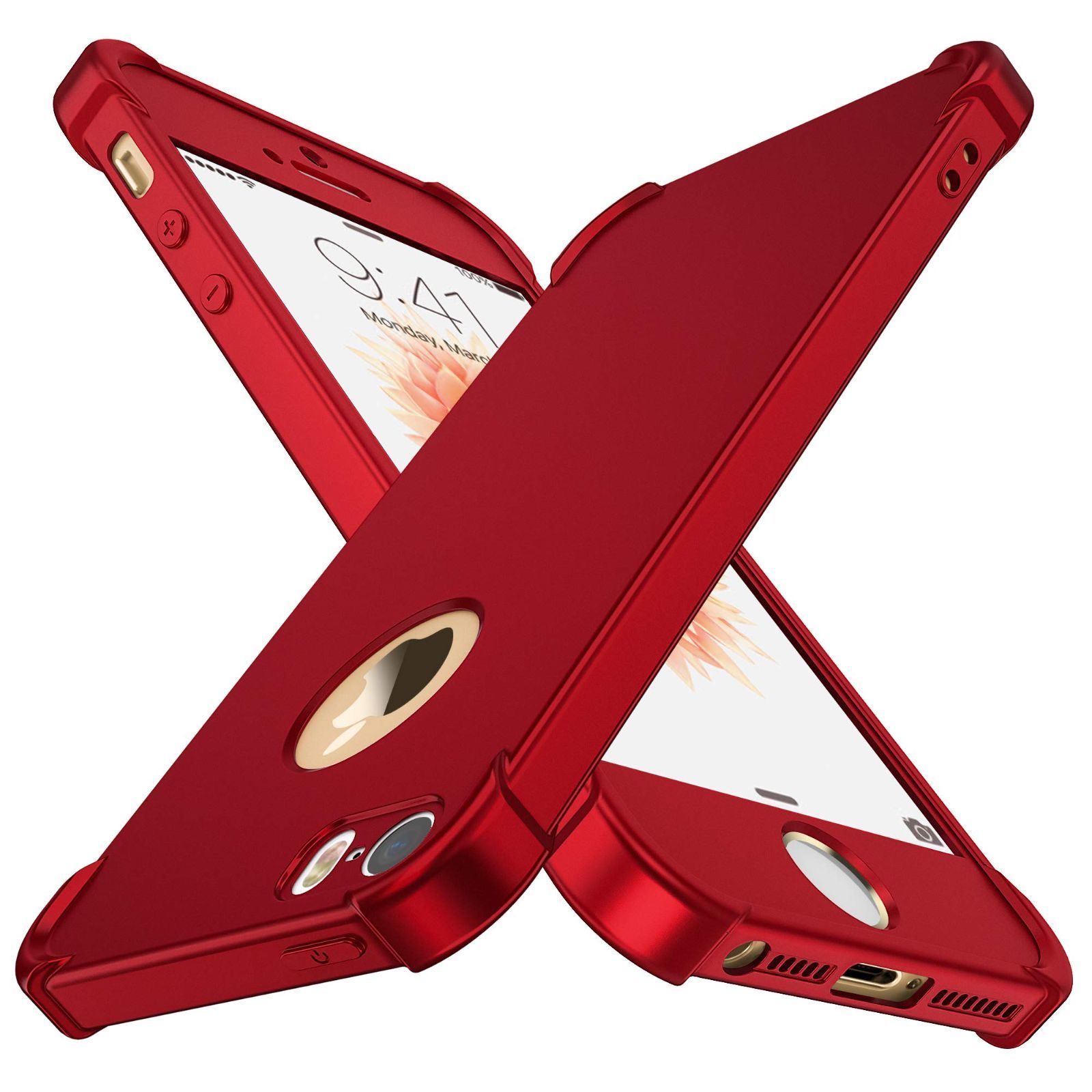 iPhone 5/5s/SEケースと互換性があります 2016 iPhone ORETECH SE第1世代、2x強化ガラススクリーンプロテクター超薄型耐衝撃性アンチスクラッチハードPCシリコンTPUケース付き iPhone SE 2016 用(レッド)