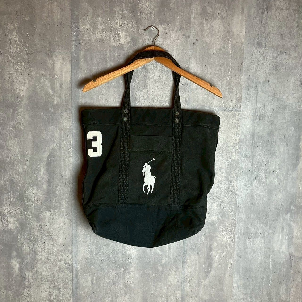 マスク　ラルフローレン  美品 黒に白のロゴ刺繍 大判トートバッグ ポロベア刺繍バッグ（トートバッグ）｜POLO RALPH LAUREN（ポロ