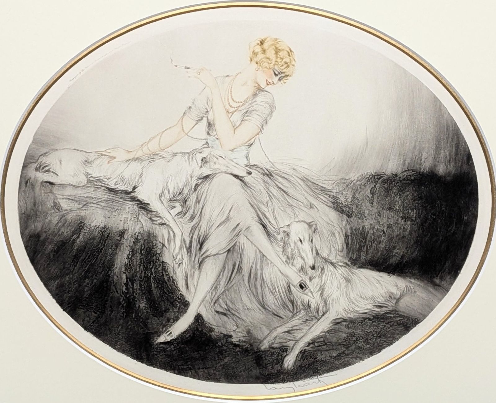 ルイ・イカール「女とボルゾイ犬」エッチング 直筆サイン 1923年制作