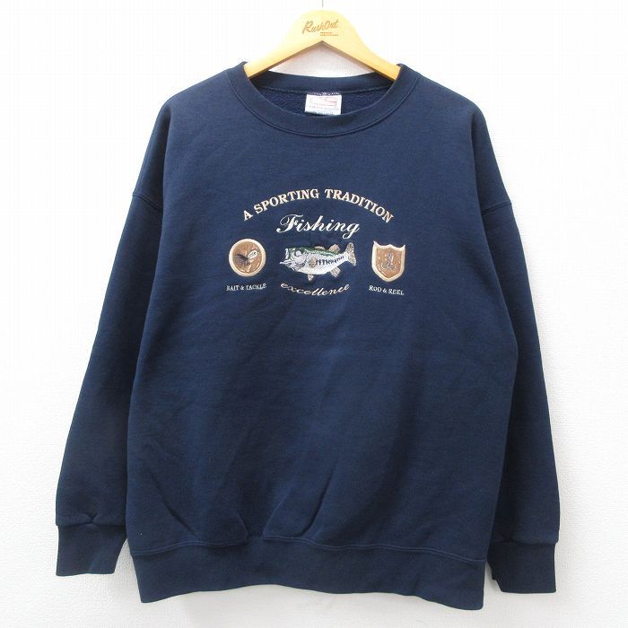 XL/古着 長袖 スウェット メンズ 00s 魚 刺繍 クルーネック 紺 ネイビー 24sep17 中古 スエット トレーナー トップス