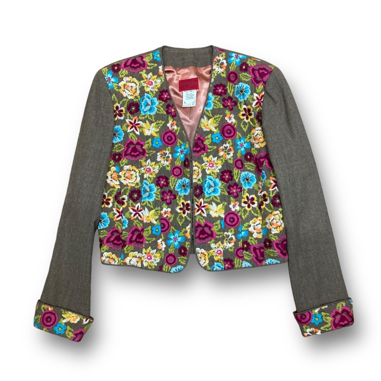 ア*ド様 美品✨️ KENZO フランス製 80s-90s ノーカラー ジャケッ KENZO (ケンゾー) フランス製 80s-90s ノーカラー花柄ジャケット 刺繍