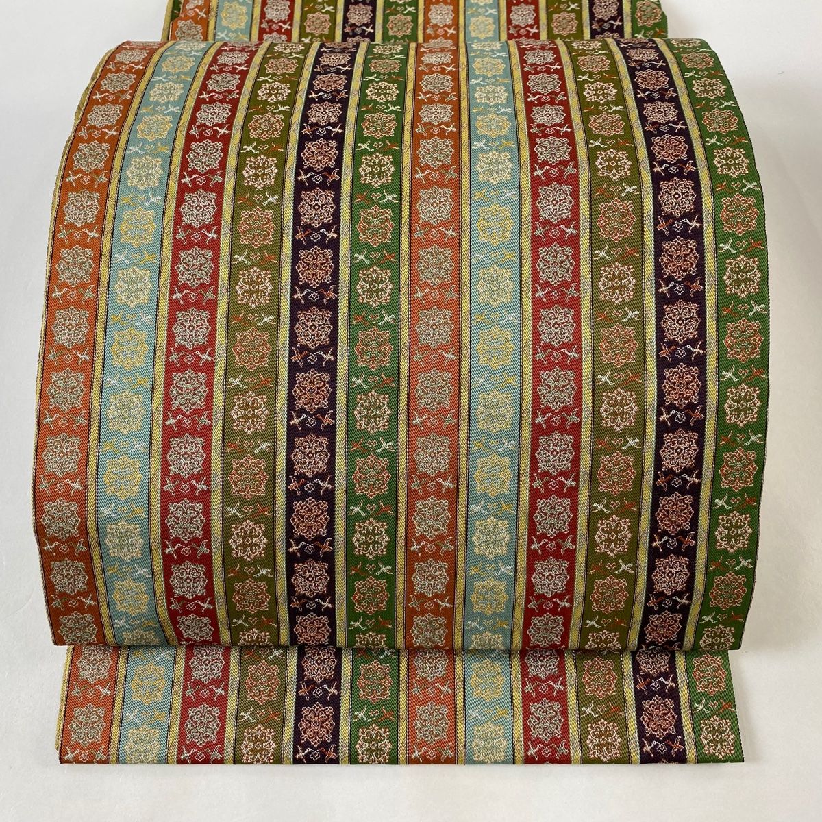 開き名古屋帯 名品 龍村美術織物 縞 華文 金通し 銀通し 茶緑色 正絹  