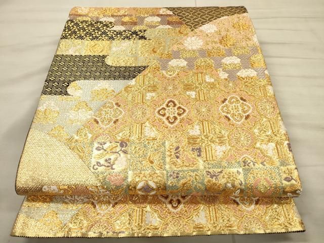 平和屋着物▽佐賀錦 六通柄袋帯 唐織 遠山吉祥花文 金糸 正絹