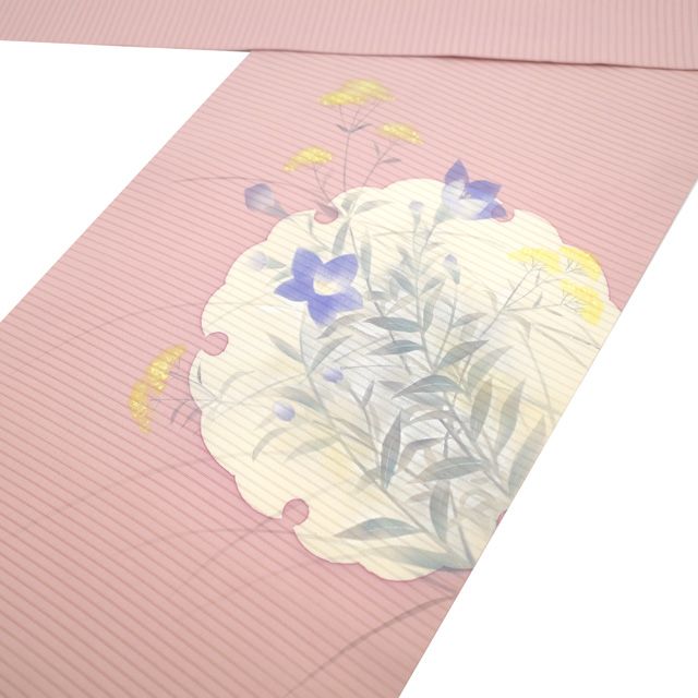 夏物 名古屋帯 リサイクル 正絹 絽 九寸 手描き 金銀彩加工 ピンク 雪輪 桔梗 女郎花 花 カジュアル 中古 仕立て上がり みやがわ sb54282 中古】 夏物 名古屋帯 リサイクル 正絹 絽 九寸 手描き 金銀彩加工