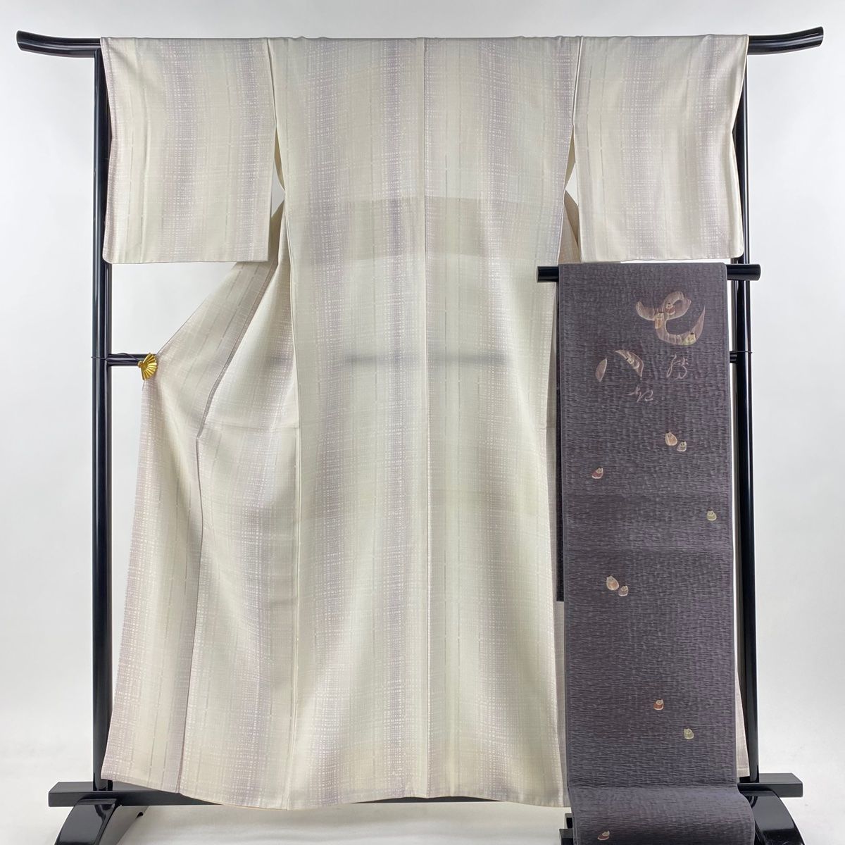 小紋 身丈159.5cm 裄丈66cm M 袷 袋帯セット 格子 縞 白 正絹 秀品