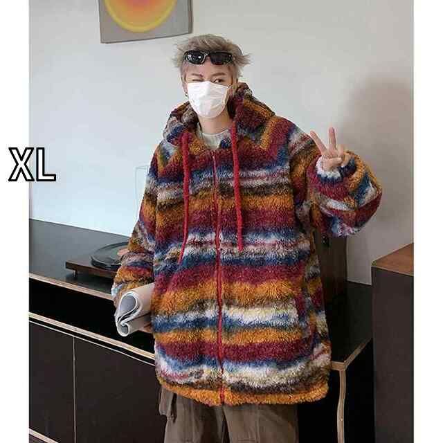 XL 秋冬 コーデ メンズ 服 シンプル ファッション オシャレ 大人 かっこいい 大きいサイズ ストリート 紳士服 ストライプ ラムウール ジャケット ベルベット 韓国スタイル カップル フード付き 綿 コート