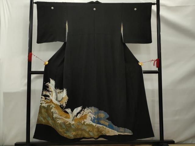 平和屋着物□豪華黒留袖 刺繍 飛鶴立波文 金彩 正絹 逸品