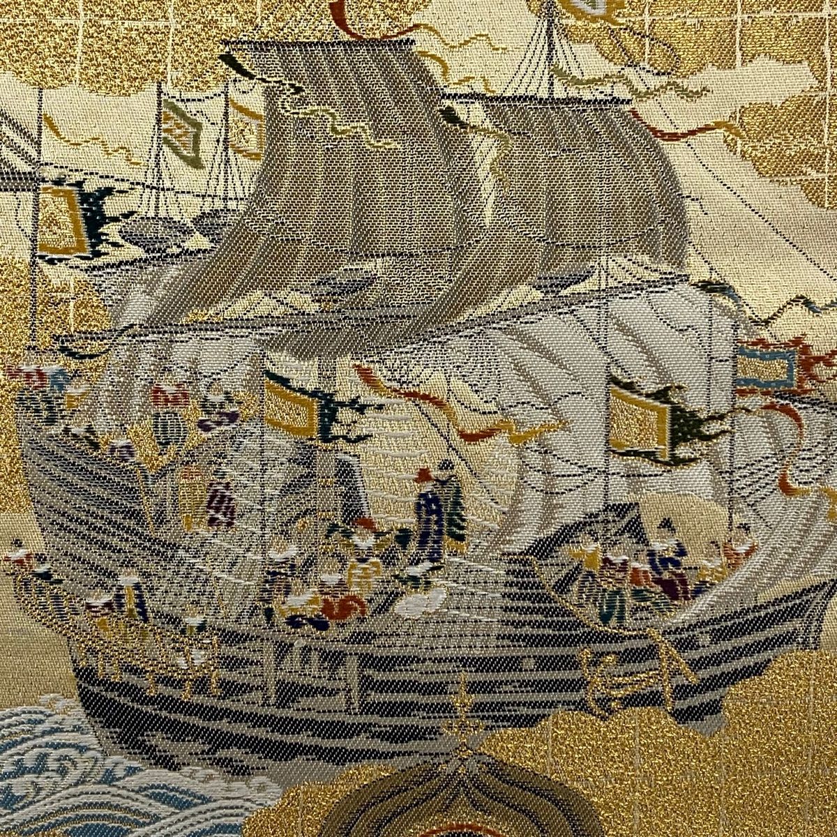 袋帯 美品 名品 人物 舟 金糸 箔 金色 六通 正絹 【中古】(袋帯 袋帯 美品 名品 人物 舟 金糸 箔 金色 六通 正絹 【中古】(袋帯