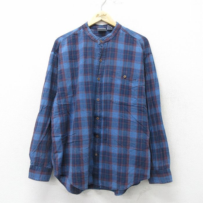 XL/古着 長袖 シャツ メンズ 大きいサイズ コットン ノーカラー 紺他 ネイビー チェック 24feb20 中古 トップス