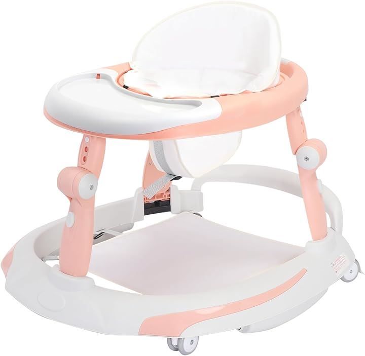 UBRAVOO ベビーウォーカー 3in1 歩行器 赤ちゃん 4モード 折りたたみ 高さ調整 食事用プレート付き 横転防止 コンパクト 収納便利 手押し車 ベビー用品 6～18か月 出産祝い 誕生日 プレゼント おしゃれ ピンク