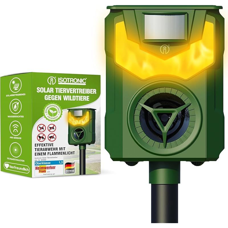 ISOTRONIC 猫よけ ねずみ イノシシ 鳥 カラスなどの動物 対策 超音波 動物撃退器 モード変更で様々な動物に 炎型のフラッシュで威嚇 60300