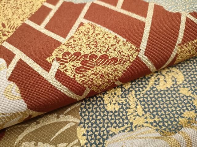 平和屋着物●善之助　着物ブランド　一期一会　全通柄袋帯　流水草花文　金彩　正絹　逸品　CAAV6922hy 平和屋着物○善之助 着物ブランド 一期一会 全通柄袋帯 流水草花文