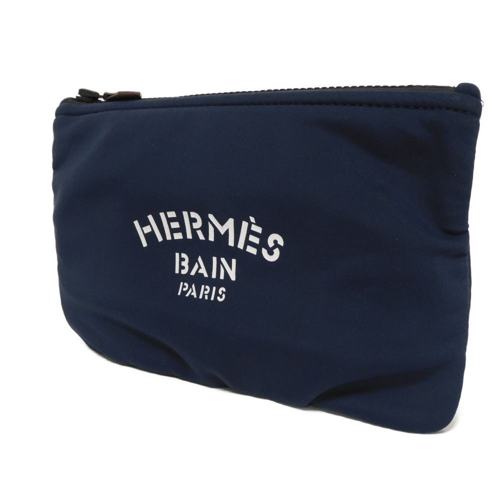 HERMES エルメス トゥルース フラット ポーチ ネオバン PM ナイロン ホワイト ロゴ ブルーマリン クラッチバッグ