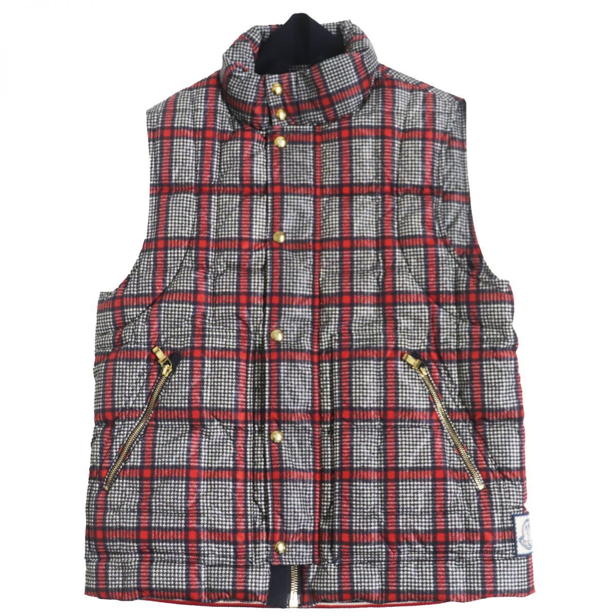 良品●MONCLER GAMME BLEU モンクレールガムブルー GILET ロゴワッペン チェック/千鳥格子 ダウンベスト レッド×グレー系 2  伊製 メンズ