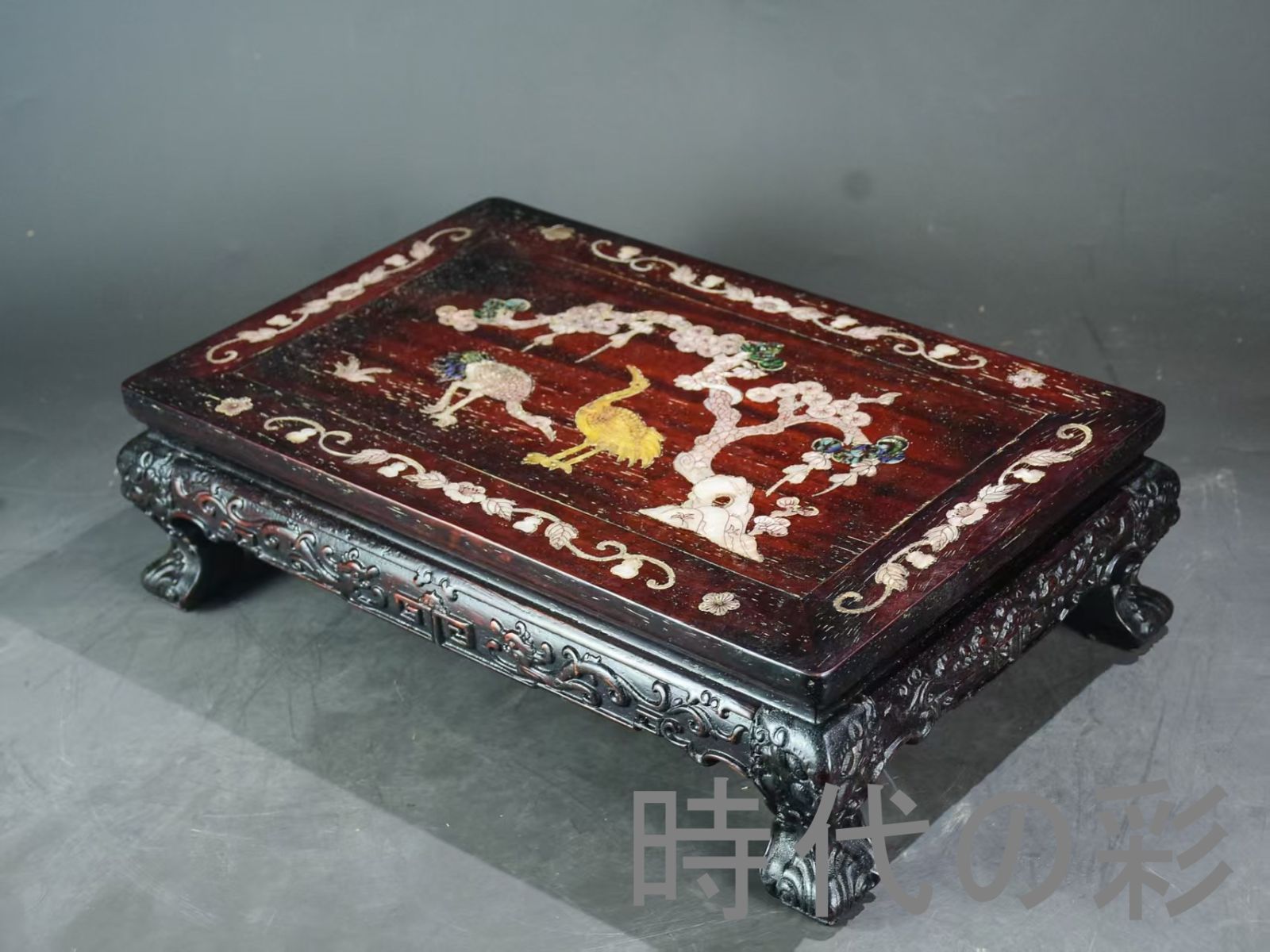 中国古美術 旧家蔵出 紫檀木 彫刻 貝殻象嵌 茶卓 茶机 鶴鹿同春 手作り 細密彫 木製 文房置物 唐物 古玩 古民具 古置物 東洋彫刻 清時代 R07100622 WWW_IBETON_RU