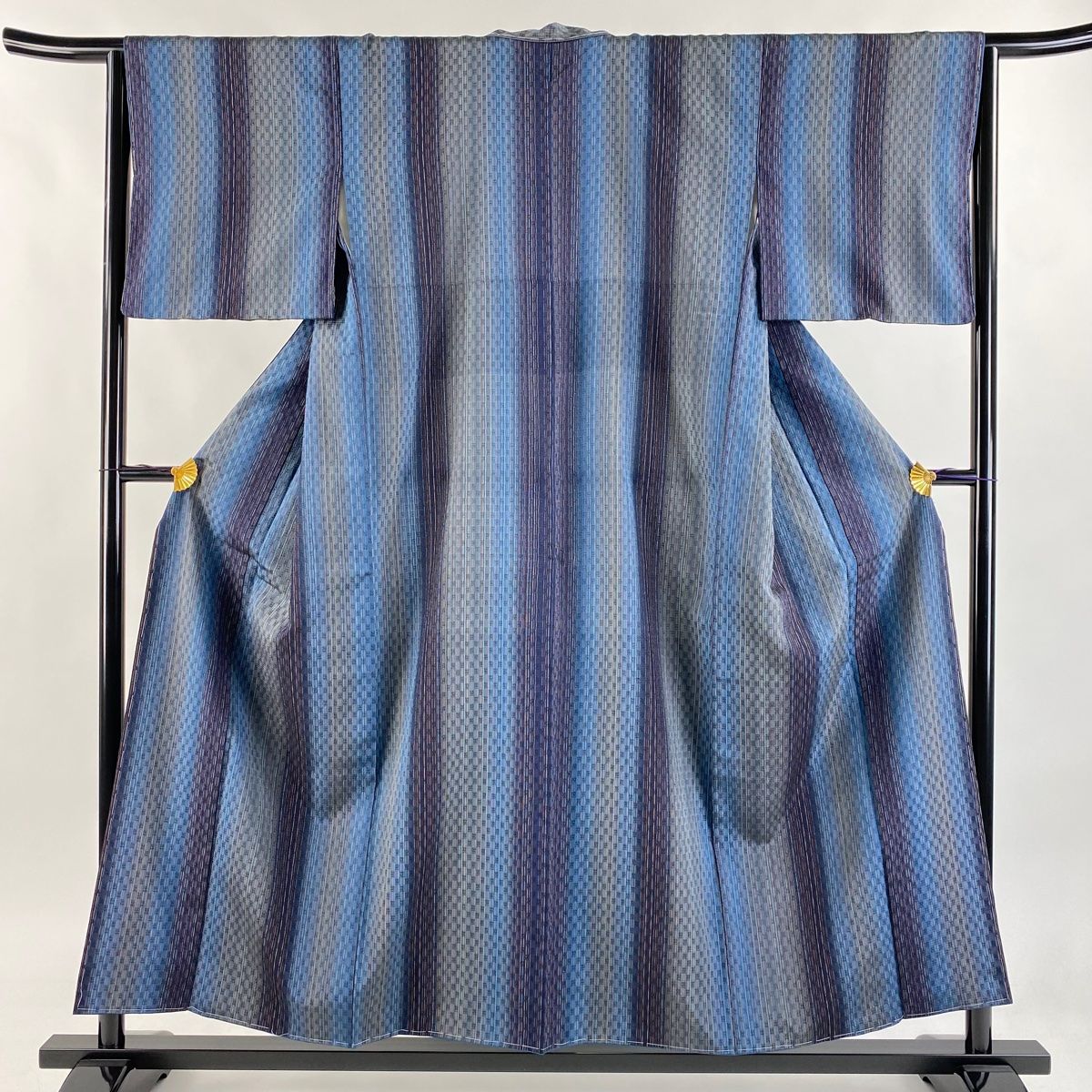 小紋 身丈155.5cm 裄丈64cm M 袷 紬地 縦縞 幾何学模様 青紫 正絹