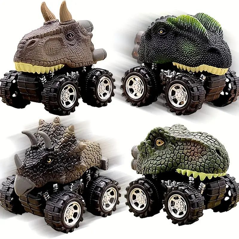 ダイノマイト ミニ恐竜モンスタートラックセット - 4個入り、プルバック恐竜車おもちゃ、幼児向けのアクション満載レーシングセット