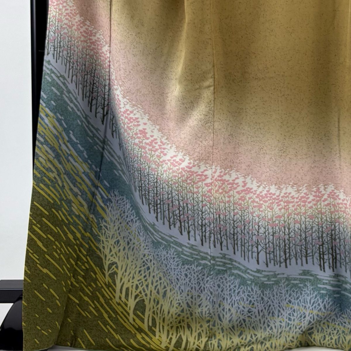 訪問着 身丈169.5cm 裄丈70cm L 袷 中嶋博司 落款 樹木 シルエット ぼかし 黄土色 正絹 美品 秀品 【中古】