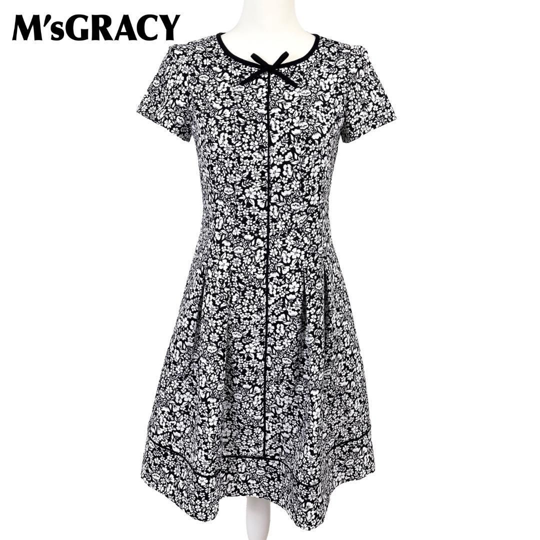 M sGRACY Aラインフ ワンピース 36 黒×白 総柄 花柄