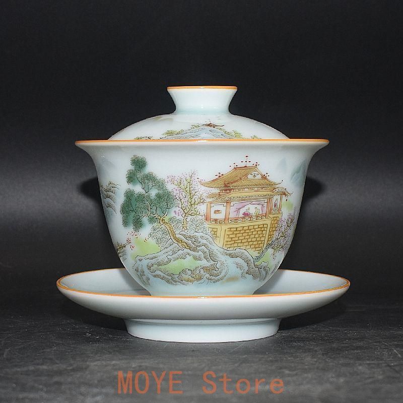 粉彩山水人物三才蓋碗 茶器 湯飲み煎茶器 茶道具 新品未使用zw0829