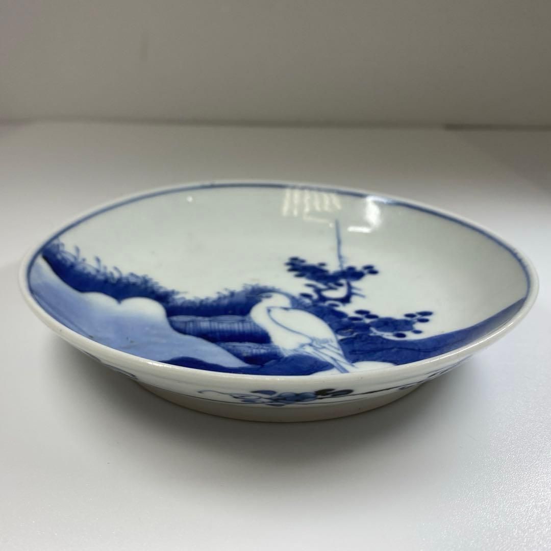 江戸中期　藍九谷上手鷺の図中皿　木箱付　幅約14.5㎝　東Y6-0910☆2F 江戸中期 藍九谷上手鷺の図中皿 木箱付 幅約14.5㎝ 東Y6-0910