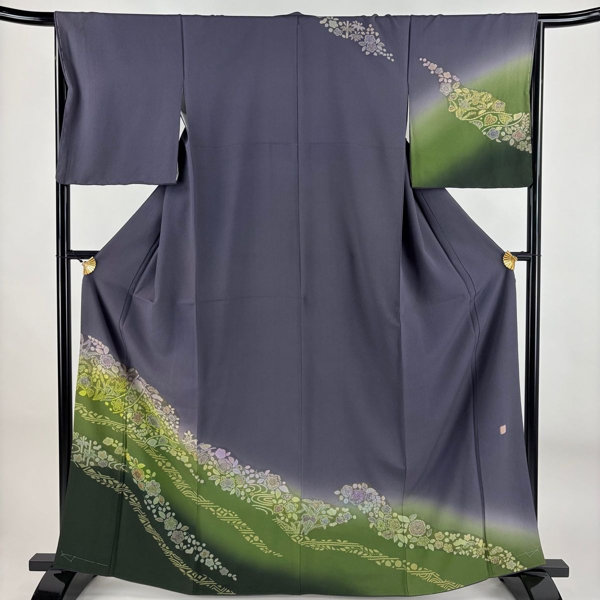 訪問着 身丈164.5cm 裄丈67cm M 袷 落款 草花 七宝 縮緬 ぼかし 灰紫 正絹 名品