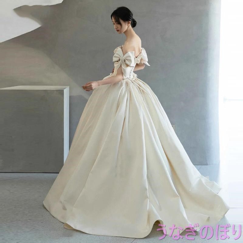 ウェディングドレス　サテン　2次会　前撮り　Aライン　肩リボン　ロングドレス ウェディングドレス サテン 2次会 前撮り Aライン 肩リボン