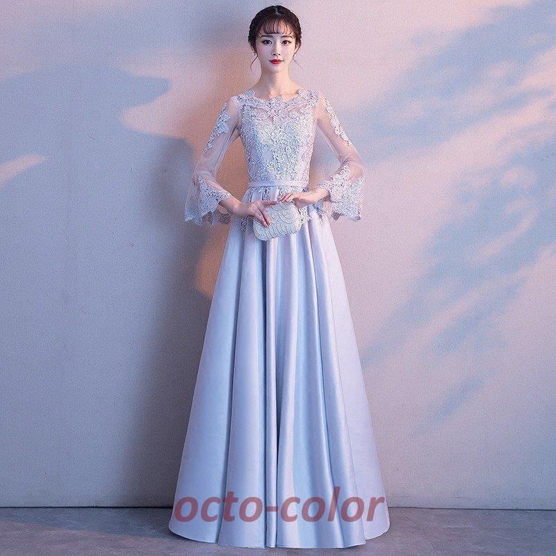 パーティードレス 20代 袖あり ロング丈 韓国風 結婚式 ドレス