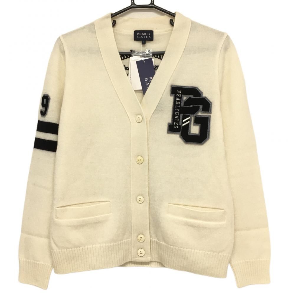 SALE5％OFF【新品】パーリーゲイツ ニットカーディガン 白×黒 袖ライン ウール100％ 日本製 レディース 1(M) ゴルフウェア PEARLY GATES