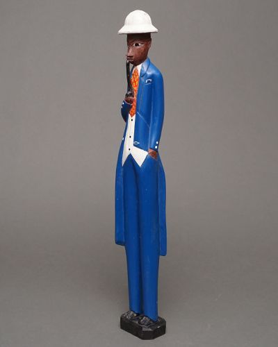 アフリカ　コートジボワール　コロン人形　XLサイズ　No.25　パイプをふかす紳士　木彫り　彫刻　置物　アフリカ雑貨