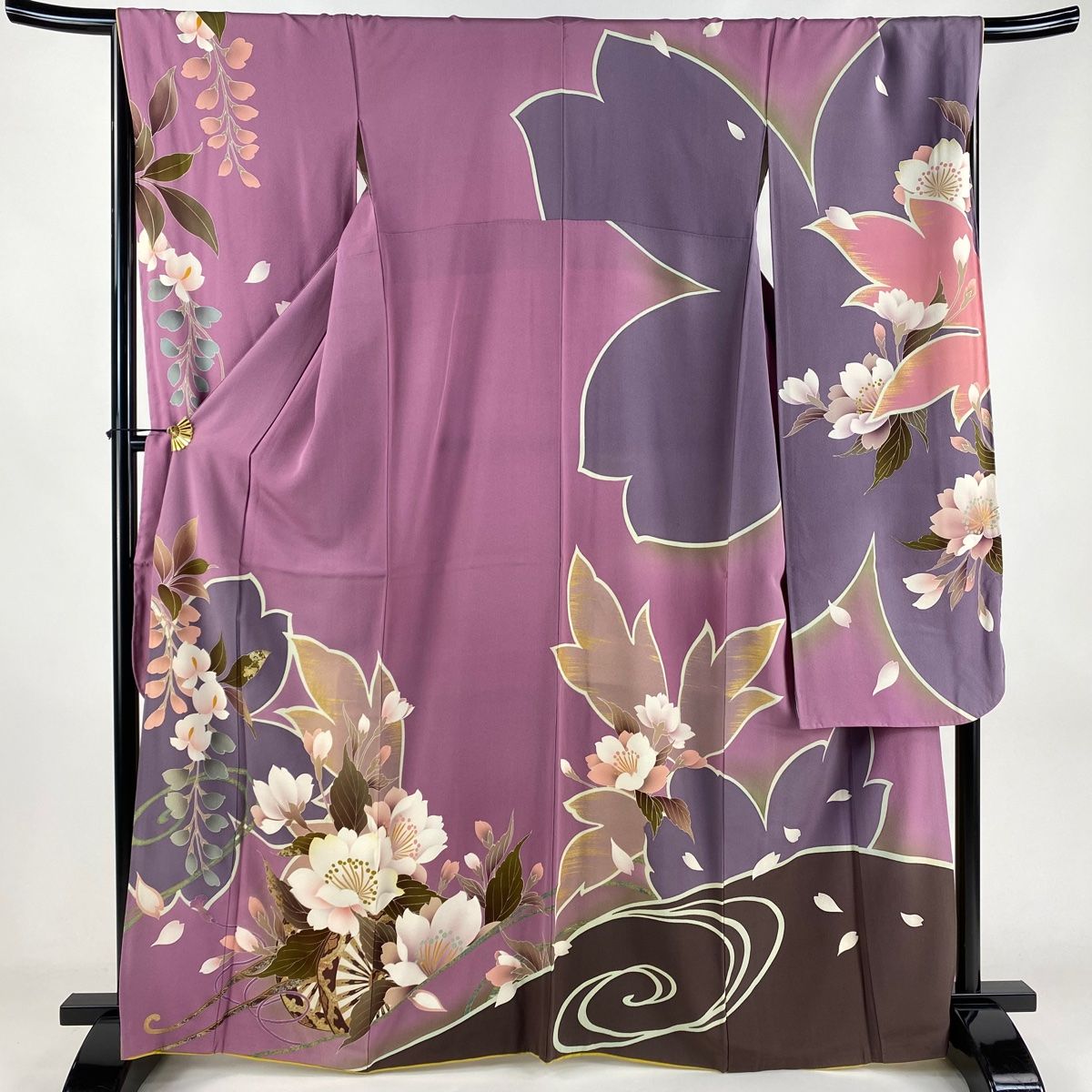 振袖 身丈164cm 裄丈67.5cm L 袷 花車 桜 金彩 箔 薄紫 正絹 名品